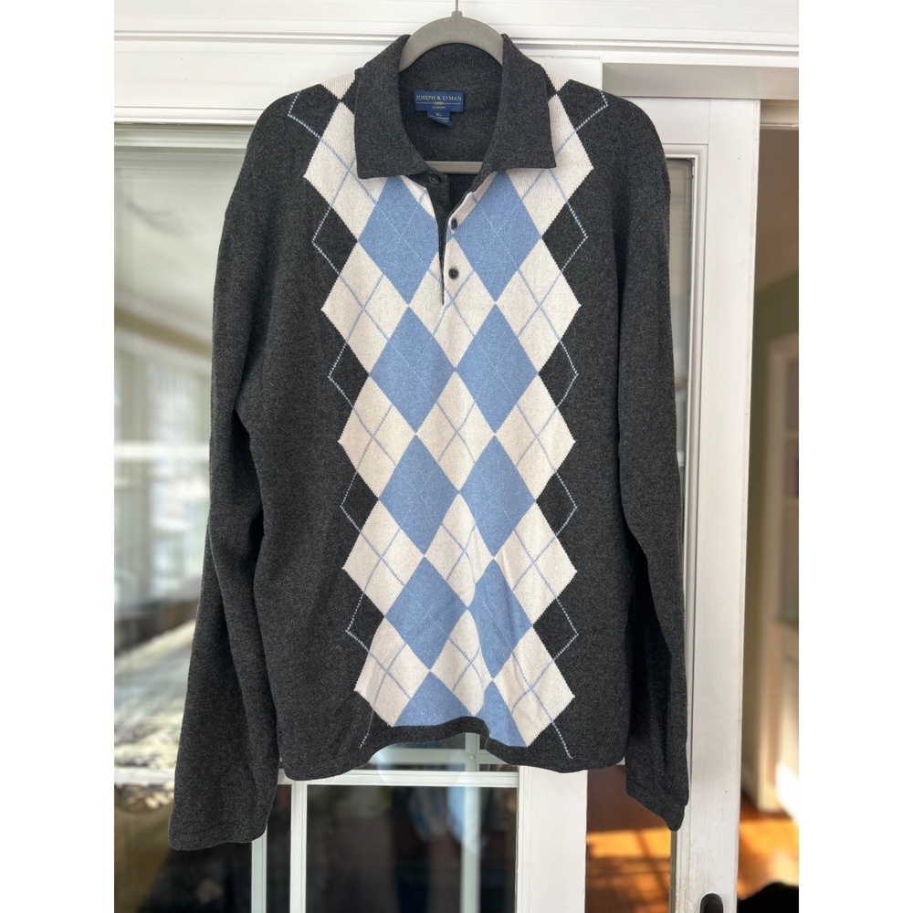 JOSEPH & LYMAN CASHMERE ARGYLE GRAY Blue White Mens XL